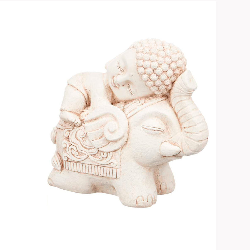 Figura Buda con Elefante Blanco - Escultura Feng Shui para Jardín y Terraza